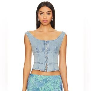 Free People Sally Denim Corset Top In Daylight Sky Combo XL